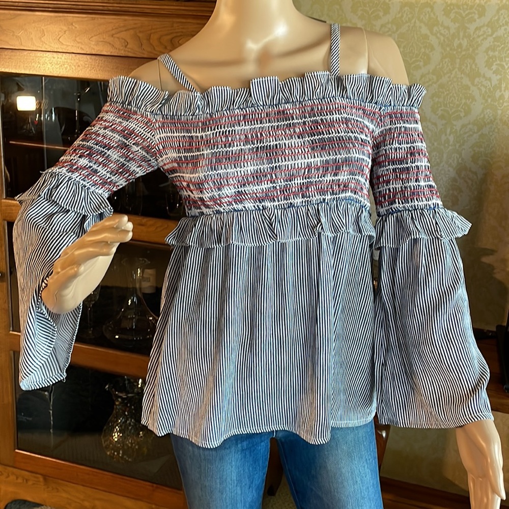 Navy, white striped smock top with red stitching